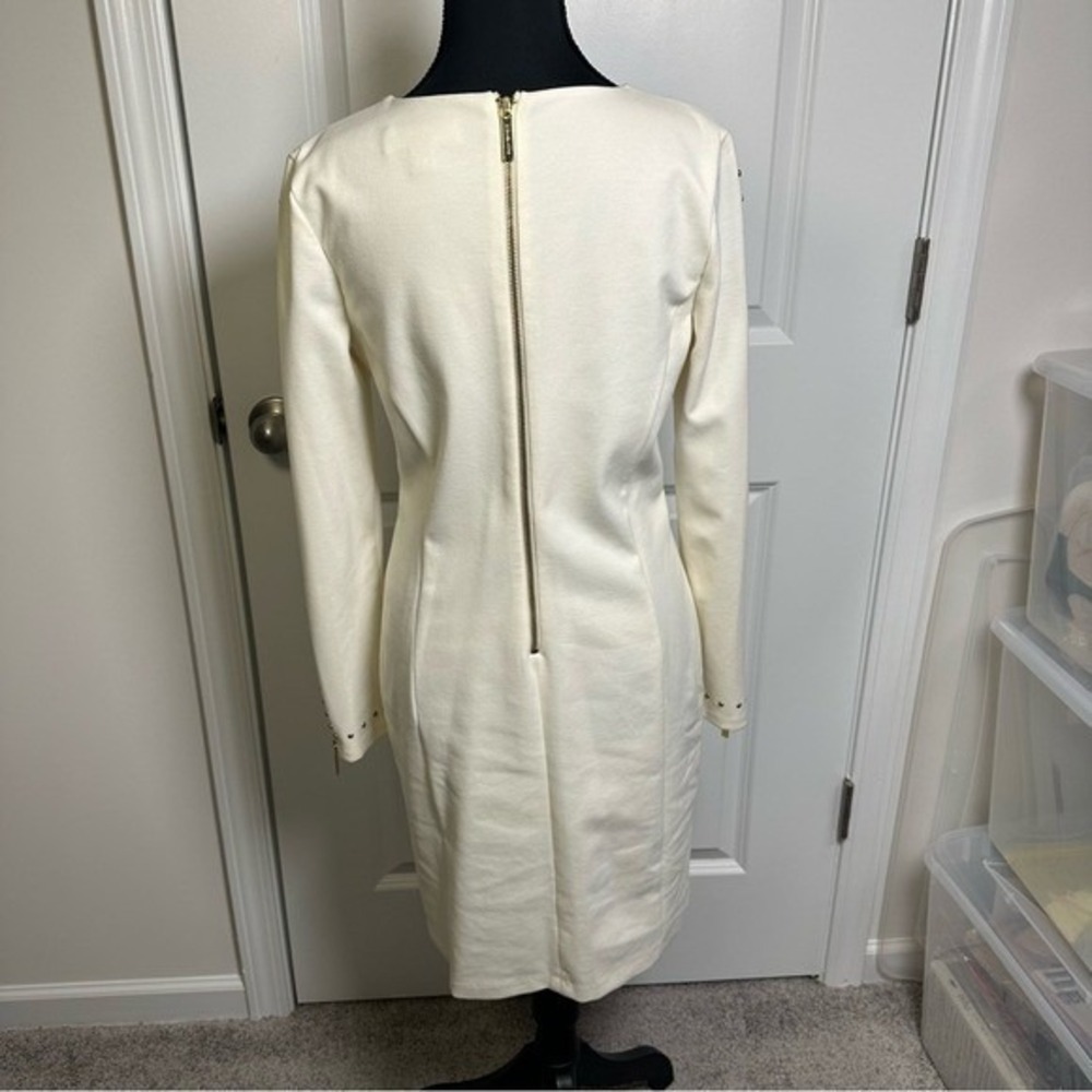 Michael Kors Off White Studded Long Sleeve Zipper Sheath Dress Gold Hardware - Picture 7 of 14